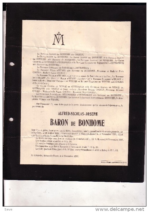 Habay-la-Neuve VERVIERS Alfred De BONHOME 1834-1911 Famille RADZITZKY D'OSTROWICK Doodsbrief - Décès