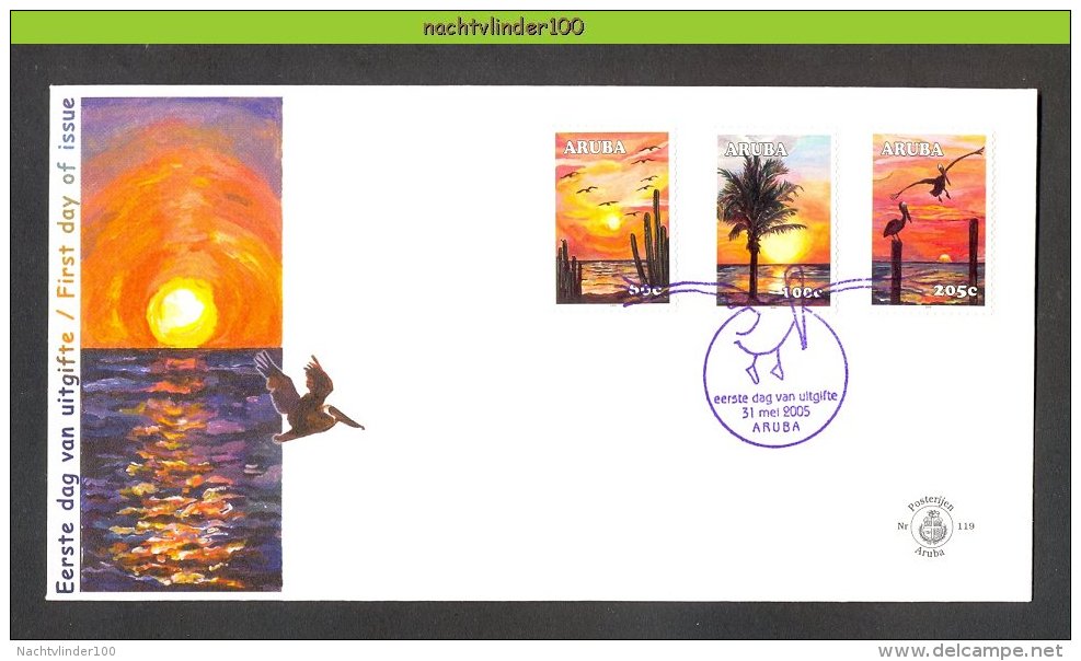 Nbk119fb FAUNA VOGELS PELIKAAN PELICAN PALMTREE SUNSET CACTUS BIRDS VÖGEL AVES OISEAUX ARUBA 2005 FDC - Pelikane