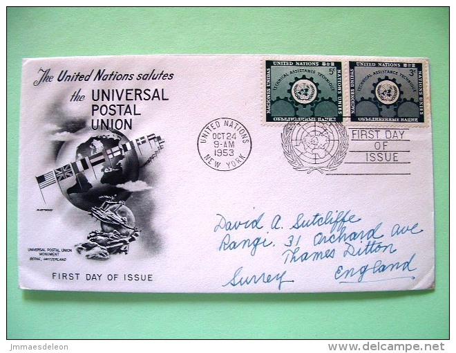 United Nations - New York 1953 FDC Cover To England - Gearwheels - UN Emblem - Technical Assistance - Cartas & Documentos