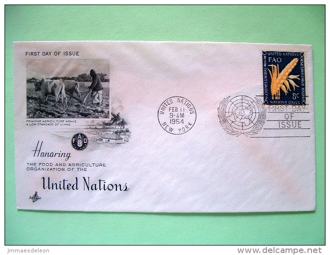 United Nations - New York 1954 FDC Cover - FAO Agriculture Wheat Plowing - Cartas & Documentos