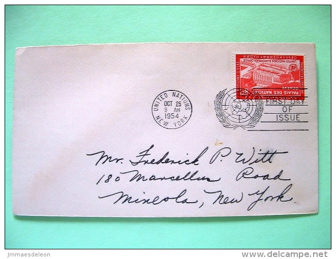 United Nations - New York 1954 FDC Cover To Mineola - Building Of European Office - Cartas & Documentos