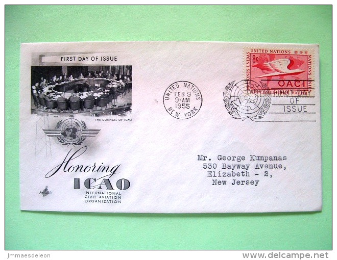 United Nations - New York 1955 FDC Cover To New Jersey - ICAO - Wing - Int. Civil Aviation Org. - OACI - Cartas & Documentos