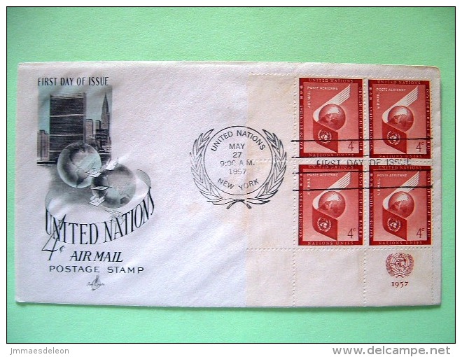 United Nations - New York 1957 FDC Cover - Air Mail Scott C5 - Building With Blue Sky - Block Of 4 With Date - Cartas & Documentos