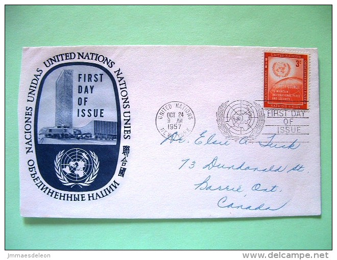 United Nations - New York 1957 FDC Cover To Canada - Security Council - Emblem And Globe - UN Building - Cartas & Documentos