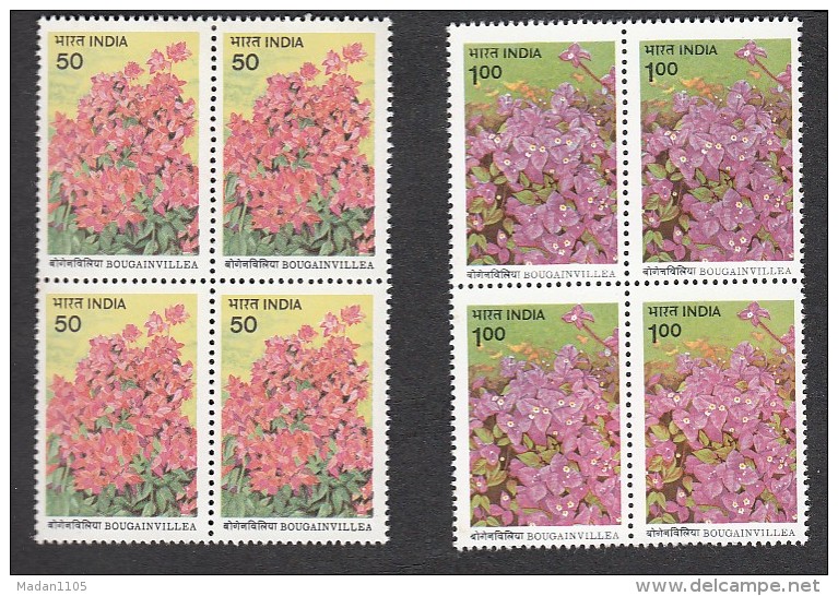 INDIA, 1985, Flowers Set, 2 V, Bougainvillea, Flower, Plant, Block Of 4, , MNH, (**) - Nuovi