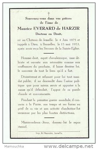 Décès Maurice EVERARD De HARZIR Docteur En Droit Né Château De Jemelle 1875 Décédé Bruxelles 1953 Adel Noblesse - Images Religieuses