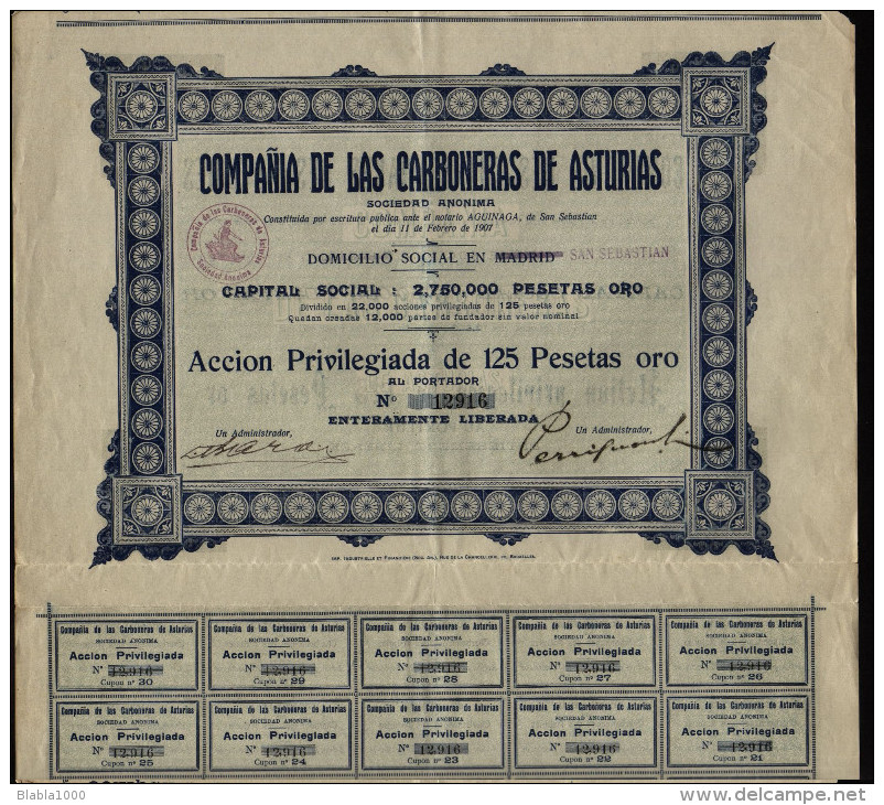 ESPAGNE ESPANA MINAS / Compania De Las Carboneras De Asturias, San Sebastian, Accion, 1907 - Mines