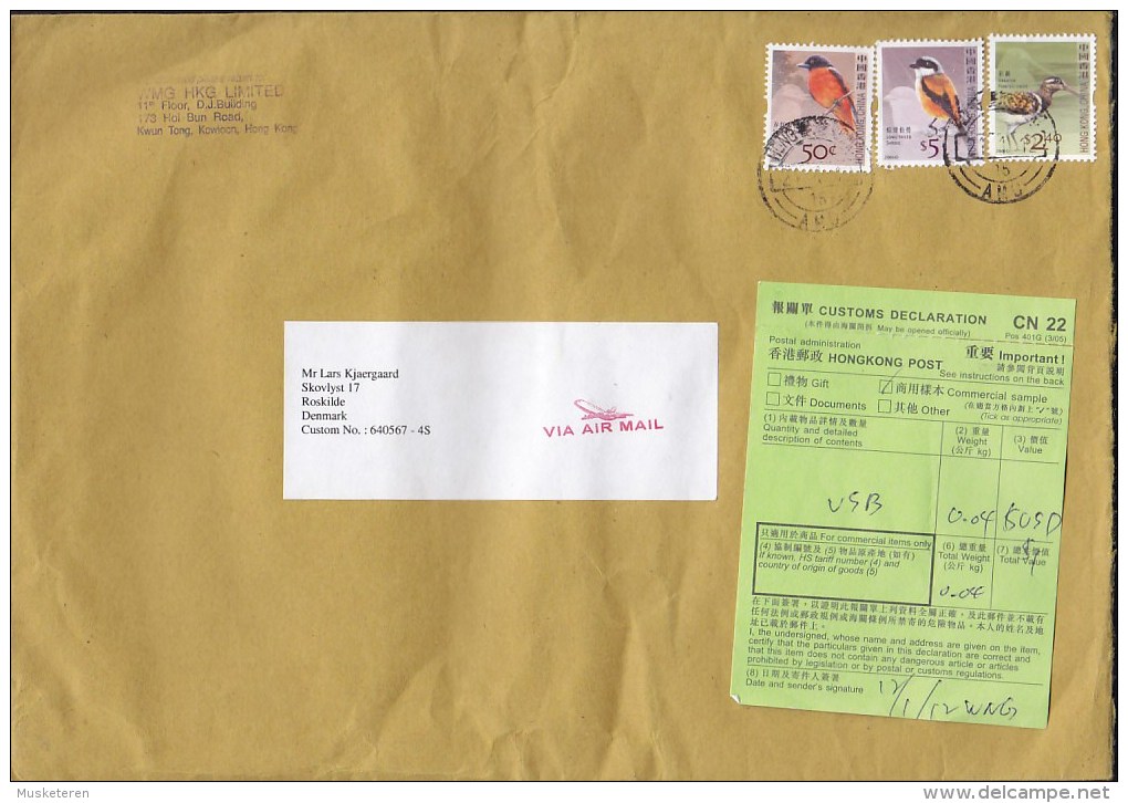 China Hong Kong Via Airmail HONG KONG 2012 Cover Brief ROSKILDE Denmark Customs Douane Zoll Label Bird Vogel Oiseau - Briefe U. Dokumente