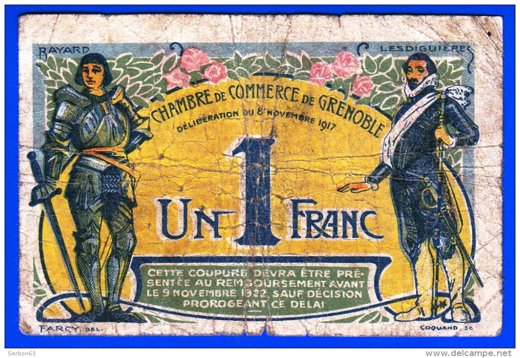 BON - BILLET - MONNAIE - CHAMBRE DE COMMERCE DE GRENOBLE 1 FRANC 38 ISERE 08 NOVEMBRE 1917 SERIE 53 N° 050844 - Cámara De Comercio