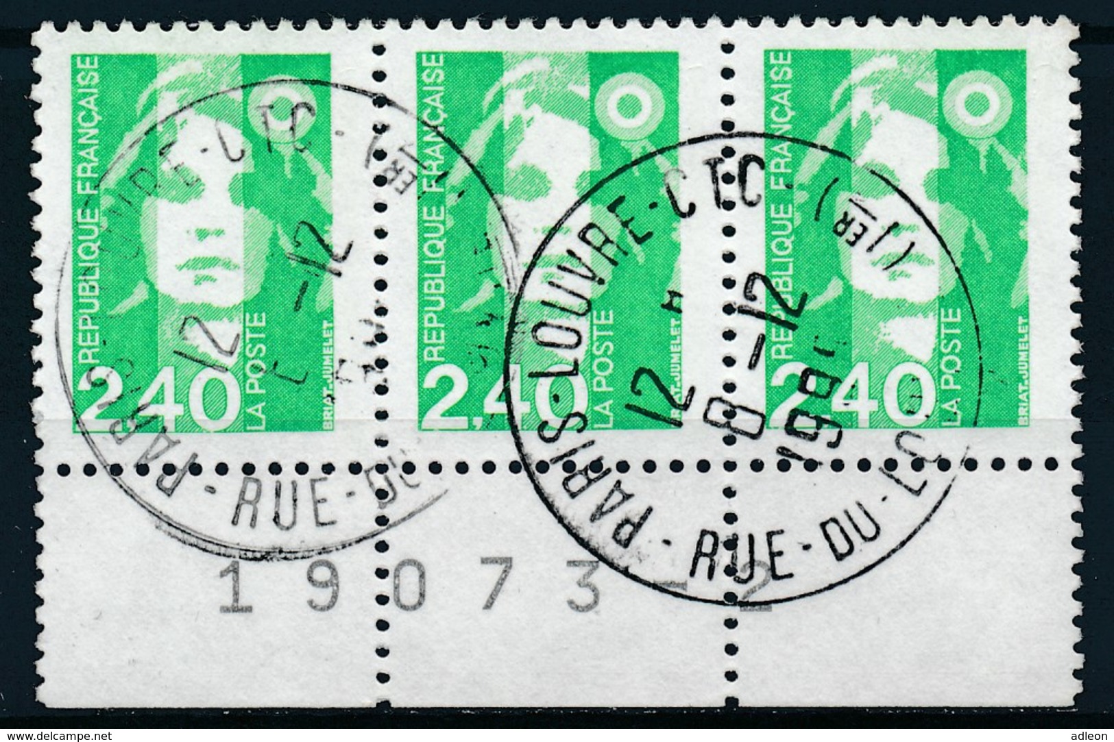 France - Marianne De Briat 2,40 Vert YT 2820 Obl. (bande De 3 Horizontale + Marge Numérotée) - 1989-1996 Marianne Du Bicentenaire