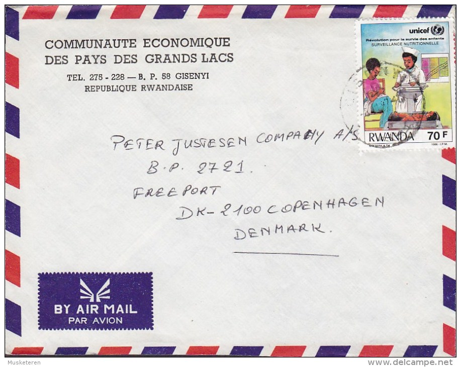 Rwanda Airmal Par Avion COMMUNAUTE ECONOMIQUE DES PAYS DES GRANDS LACS, GISENYI 1986 Cover Lettre UNICEF Stamp - Otros & Sin Clasificación