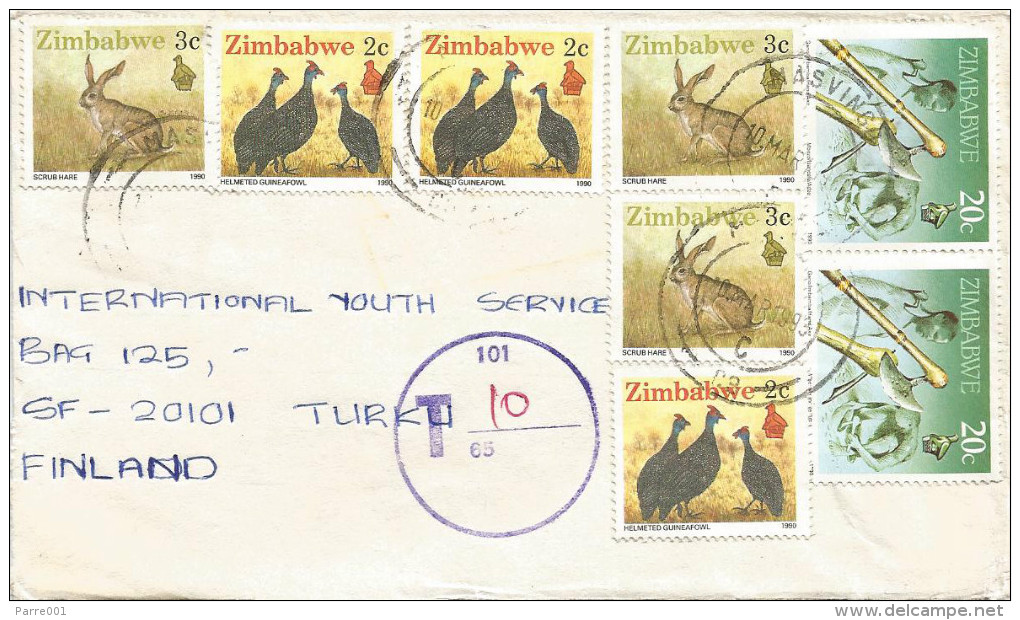 Zimbabwe 1993 Masvingo Taxed 30 Mm Circle With T And Line With 65 And 101 Underfranked Cover - Zimbabwe (1980-...)