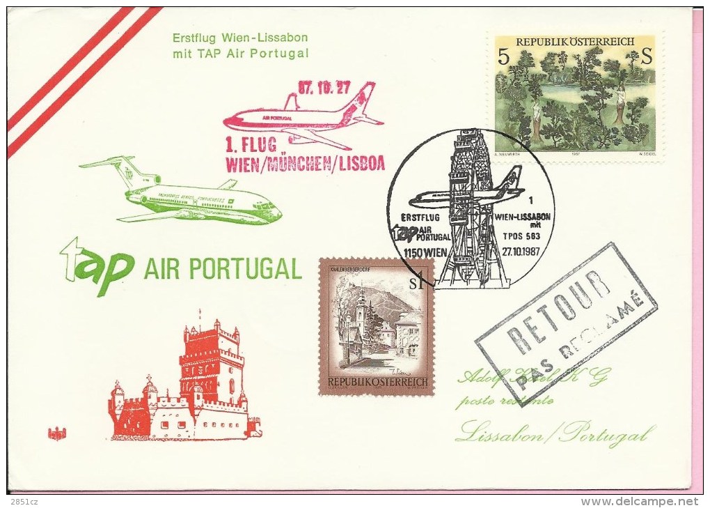 First Flight - Wien / Munchen / Lisboa, 27.10.1987., Austria, Cover - Premiers Vols