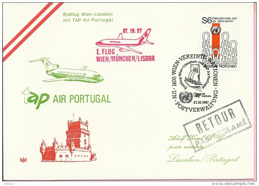 First Flight - Wien / Munchen / Lisboa, 27.10.1987., Austria / UNO, Cover - Premiers Vols