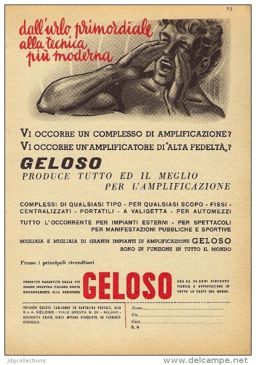 # AMPLIFIERS GELOSO ITALY 1950s Advert Pubblicità Publicitè Reklame Amplifier Amplificatore Verstarker Amplificador - Amplificatori