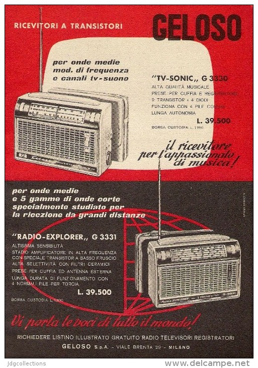 # RADIO TRANSISTORS GELOSO ITALY 1950s Advert Pubblicità Publicitè Reklame Publicidad Radio TV Music Receiver L.39500 - Littérature & Schémas