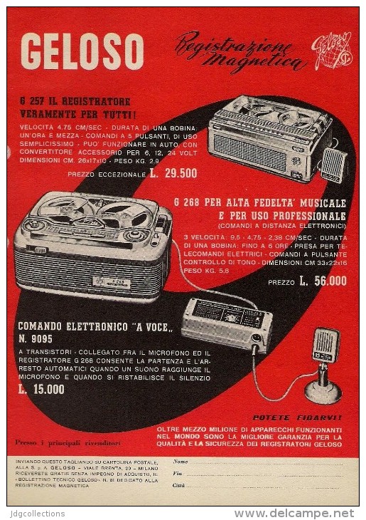 # RECORDER GELOSO ITALY 1950s Advert Pubblicità Publicitè Reklame Radio TV Registratore Recorder Grabadora Enregistreur - Libros Y Esbozos