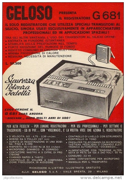 # RECORDER GELOSO ITALY 1950s Advert Pubblicità Publicitè Reklame Radio TV Registratore Recorder Grabadora Enregistreur - Littérature & Schémas