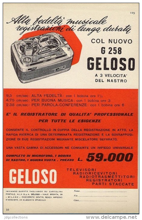 # RECORDER GELOSO ITALY 1950s Advert Pubblicità Publicitè Reklame Radio TV Registratore Recorder Grabadora Enregistreur - Libros Y Esbozos