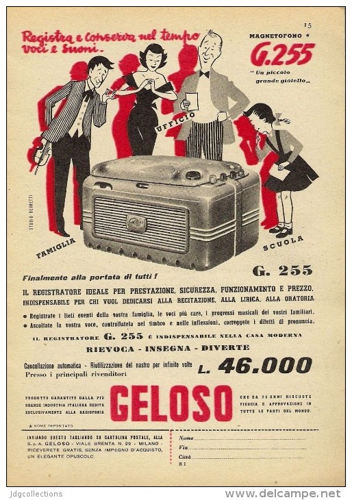 # RECORDER GELOSO ITALY 1950s Advert Pubblicità Publicitè Reklame Radio TV Registratore Recorder Grabadora Enregistreur - Literatuur & Schema's