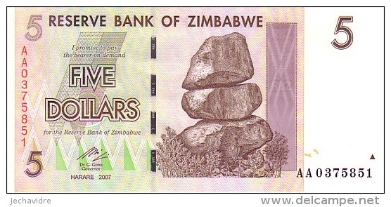 ZIMBABWE   5 Dollars  Emission De 2007   Pick 66            ***** BILLET NEUF ***** - Zimbabwe