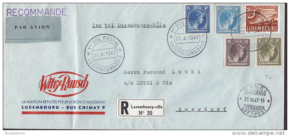 Luxembourg WITRY-RAUSCH Recommandé Par Avion Label 1er Vol First Flight 1947 Cover Lettre LUXEMBOURG - BÂLE (Suisse) - Covers & Documents
