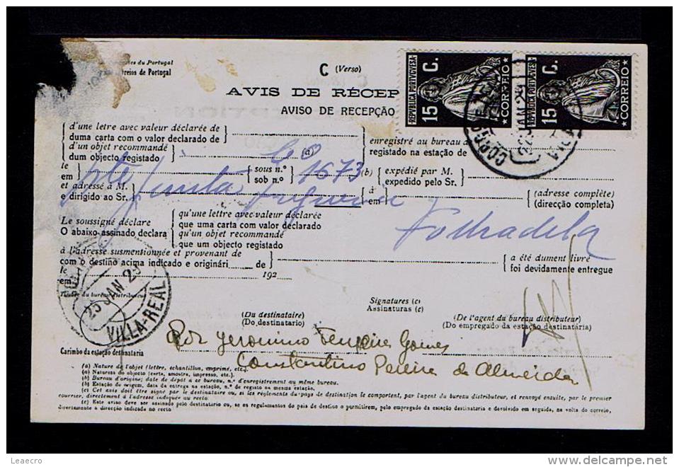 RARE AVISO DE RECEPÇÃO Stamped ( Ceres 15c.x2 Black ) Mod.nº95 VILA REAL 22-01-1929 SERVICE DES POSTES Portugal Gc1433 - Storia Postale