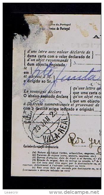 RARE AVISO DE RECEPÇÃO Stamped ( Ceres 15c.x2 Black ) Mod.nº95 VILA REAL 22-01-1929 SERVICE DES POSTES Portugal Gc1433 - Briefe U. Dokumente