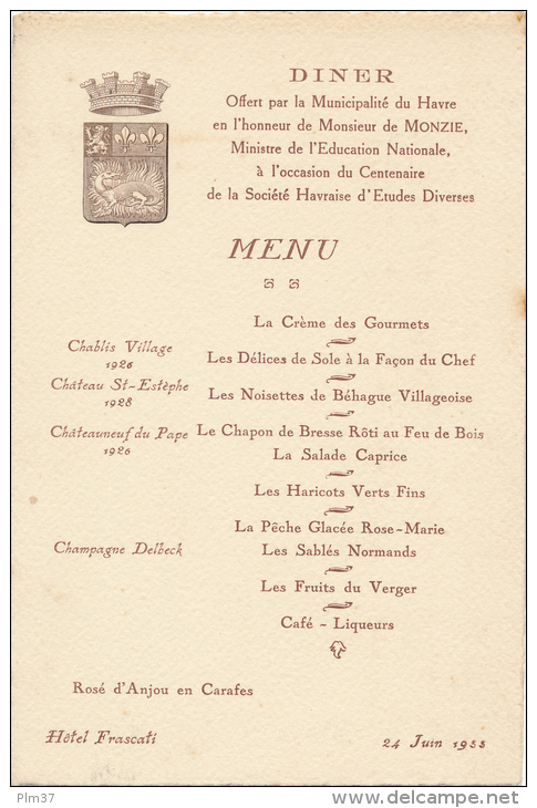 Menu - Le Havre , En L'Honneur Du Ministre - 1933 - Menus