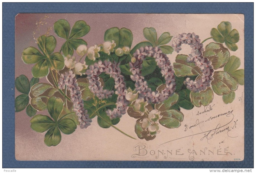 CP GAUFREE BONNE ANNEE 1903 - TREFLE A QUATRE FEUILLES FLEURS MUGUET - CIRCULEE - Anno Nuovo