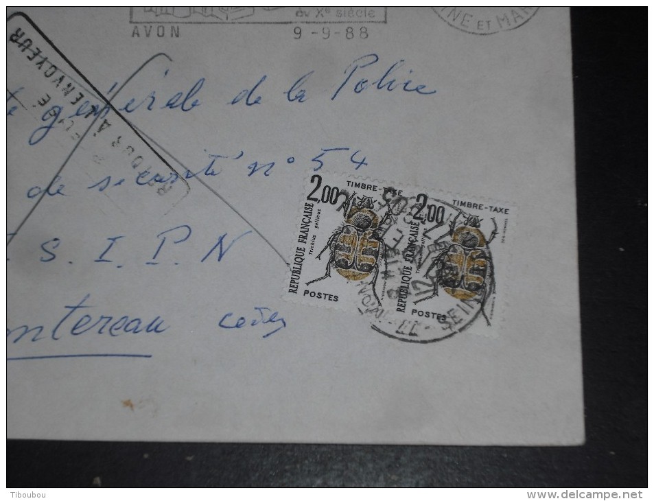 AVON - SEINE ET MARNE - YT FRANCE TAXE 107 X 2 + 2 - GRIFFE LINEAIRE MONTEREAU 77305 ET REFUSE RETOUR A L ENVOYEUR - - 1960-.... Brieven & Documenten