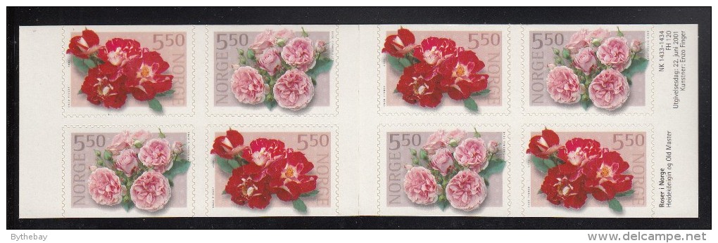 Norway Booklet Scott #1303, #1304 Roses Pane Of 8 5.50k Red, Pink Roses - Booklets