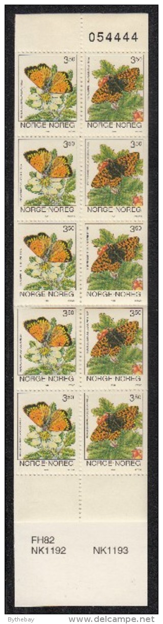 Norway Booklet Scott #1051, #1052 Butterflies Pane Of 10 3.50k Colias Hecla, Clossiana Freija - Lr Margin Perfed - Carnets