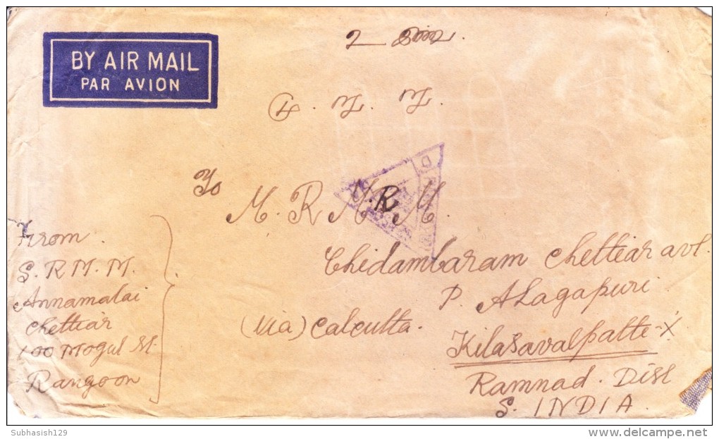 British India Georgh V Stamp Overprinted With BURMA Used On Cover From Rangoon To Kilasavalpatti With Censor Marking - Birmanie (...-1947)