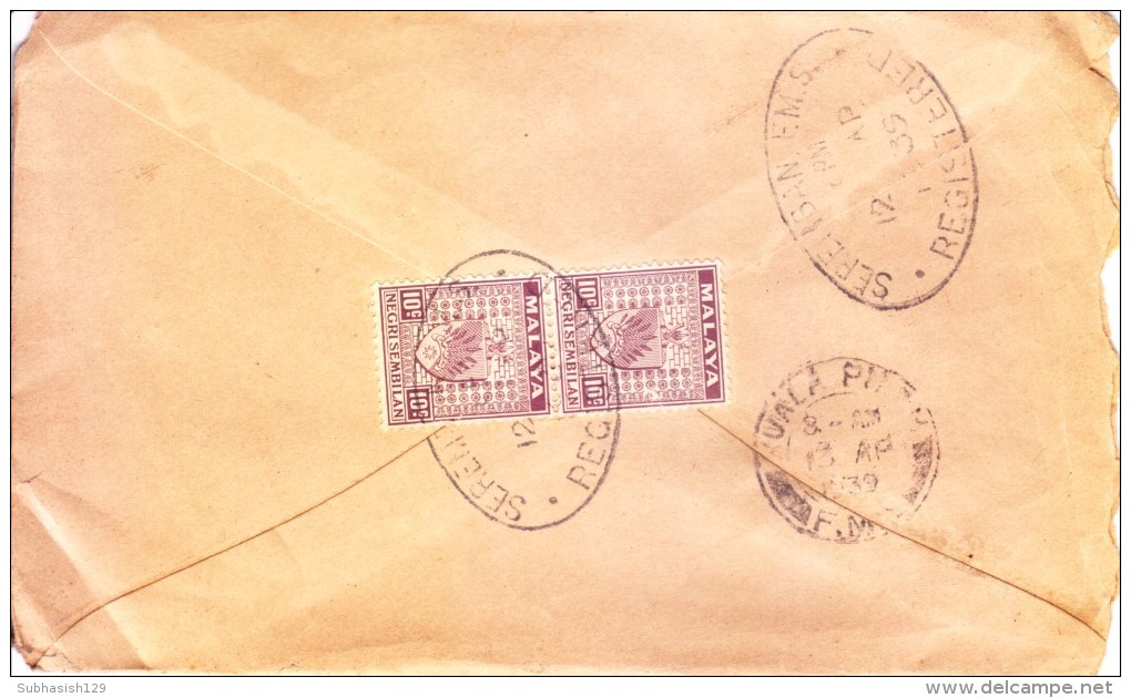 Malaya 1939 Registered Cover From Serambam Rms To Kuala Pilah - Malayan Postal Union