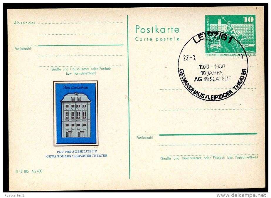 DDR P79-6-80 C136 Postkarte PRIVATER ZUDRUCK Gewandhaus Leipzig Sost.1 1980 - Cartes Postales Privées - Oblitérées