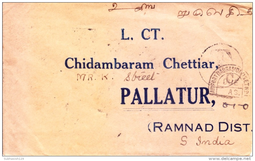 Myanmar/burma Air Mail Cover To Pallatur, India With Postage Due Marking By Airport Madras Day Shirt No. 1 - Myanmar (Burma 1948-...)