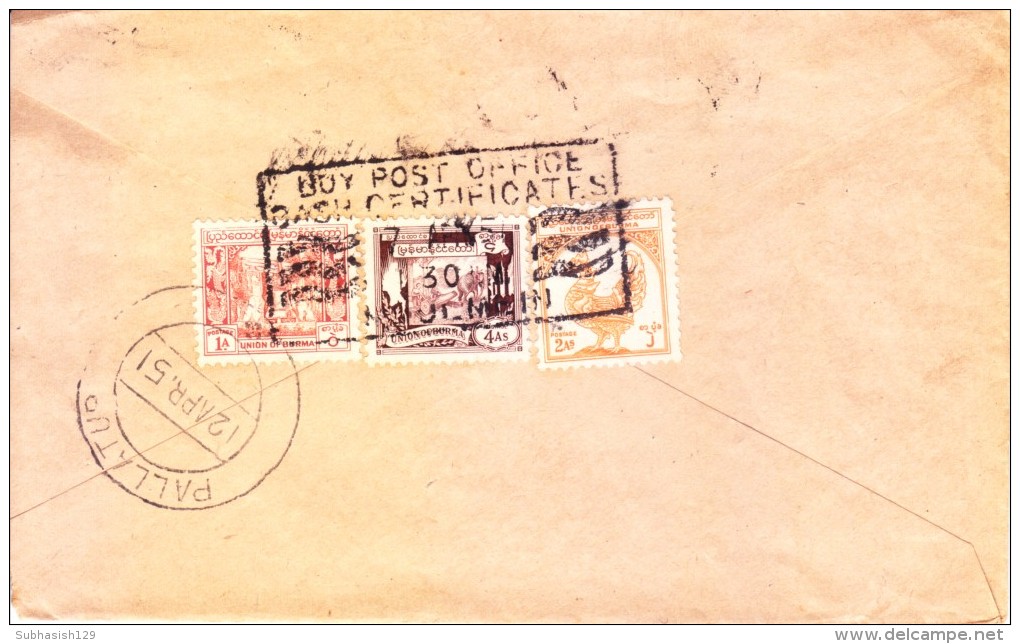 Myanmar/burma Air Mail Cover To Pallatur, India With Postage Due Marking By Airport Madras Day Shirt No. 1 - Myanmar (Birmanie 1948-...)