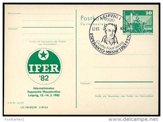 DDR P79-7-82 C182 Postkarte PRIVATER ZUDRUCK Esperanto-Messetreffen Leipzig Sost. Goethe1982 - Cartes Postales Privées - Oblitérées
