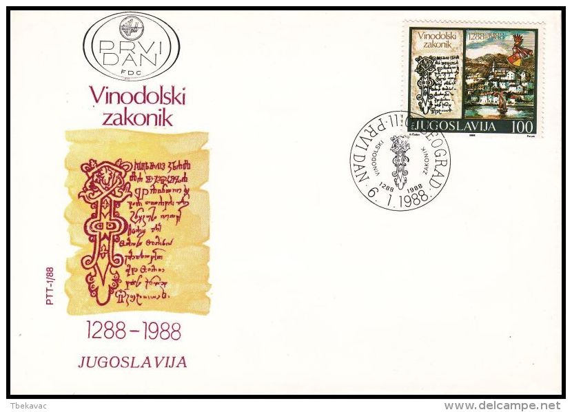 Yugoslavia 1988, FDC Cover "700 Years Of The District Vinodol Law Book" - FDC