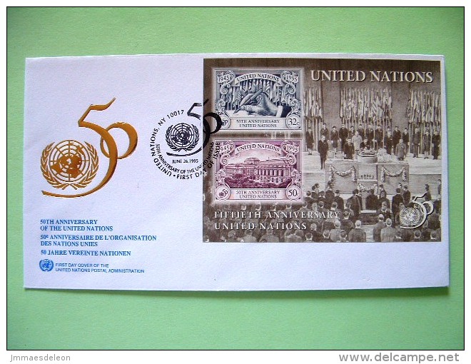 United Nations - New York 1995 FDC Cover - UN 50 Anniv. - Hand Pen Signing - Veterans War Memorial - Souvenir Sheet - Lettres & Documents