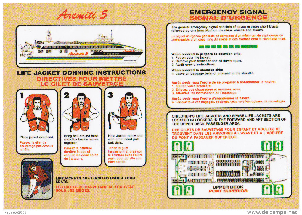 Polynésie / Tahiti / Bateau De Transport De Passagers "Aremiti 5" / Consignes De Sécurité / Safety Card - Sonstige & Ohne Zuordnung