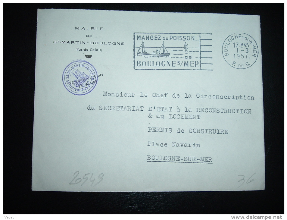 LETTRE OBL.MEC. 1-3-1957 BOULOGNE-SUR-MER (62 PAS DE CALAIS) + MAIRIE DE ST MARTIN-BOULOGNE + POISSON - Fische