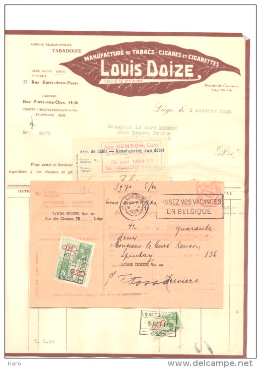 Facture + Carte Posrale Pré Imprimée - Manufacture De Tabacs Louis DOIZE Liège 1935- Cigares & Cigarettes (xh) - 1900 – 1949