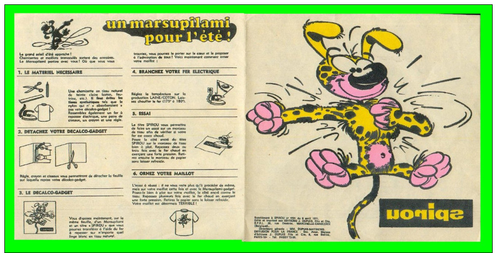 No PAYPAL !! : Franquin Superbe Transfert (transfer) Marsupilami ,Dessin Inédit Supplément Spirou Éo Dupuis ©.1971 NEUF - Objets Publicitaires