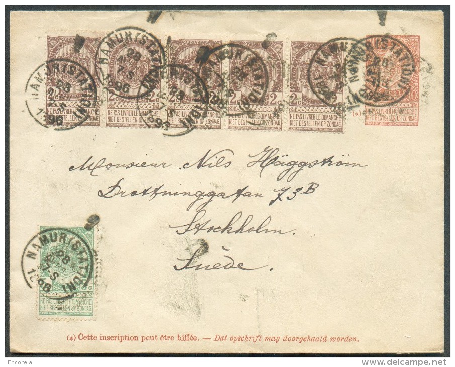 Armoiries 2 Centimes Bruns (bande De 5) + 5 Centimes En Complément Sur E.P. 10 Centimes Fine Barbe Obl. Sc NAMUR (STATIO - Enveloppes-lettres