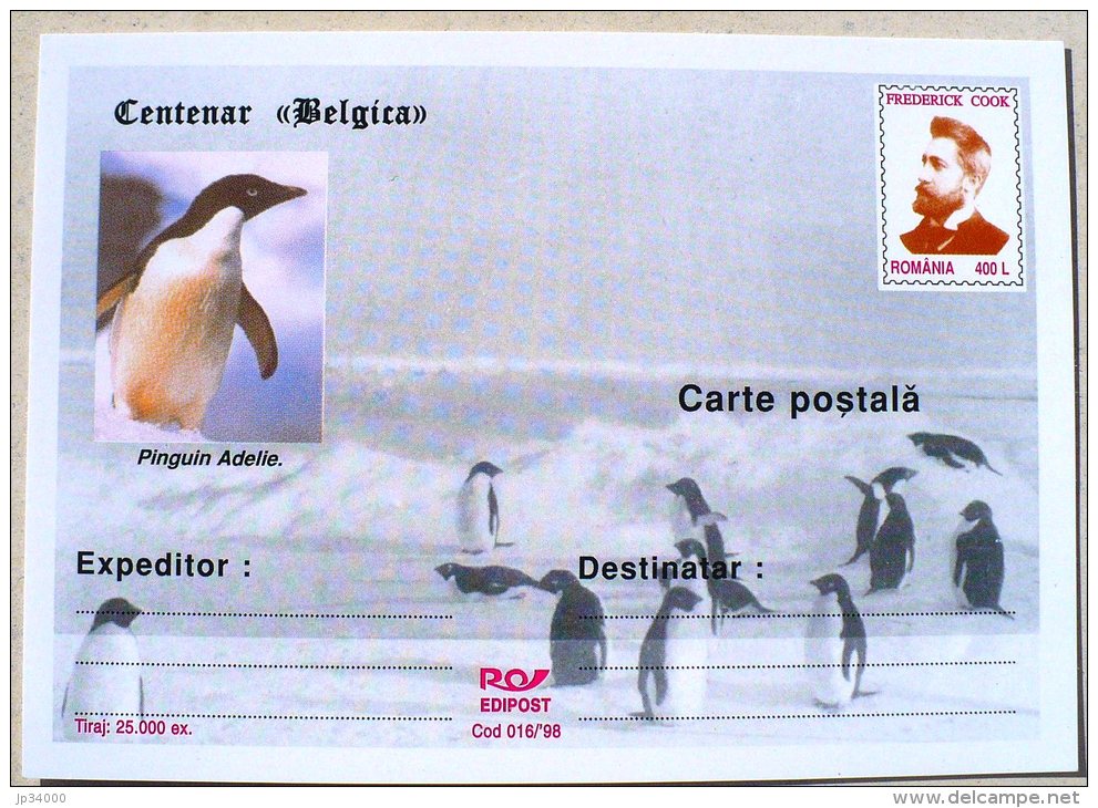 ROUMANIE MANCHOTS, PINGOUINS, Centenaire BELGICA. Entier Postal Neuf Emis En 1998 Philatelie Polaire (2) - Penguins