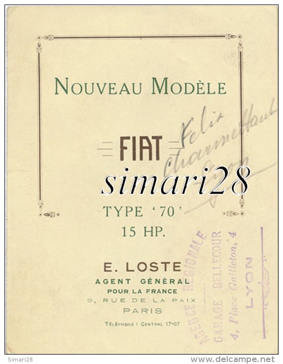 FIAT 1912 - NOUVEAU MODELE - TYPE "70" 15 HP - Automobile