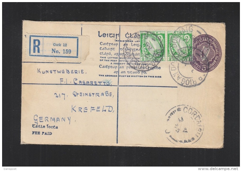 Ireland Registered Stationery Cover 1935 Cork To Germany - Entiers Postaux