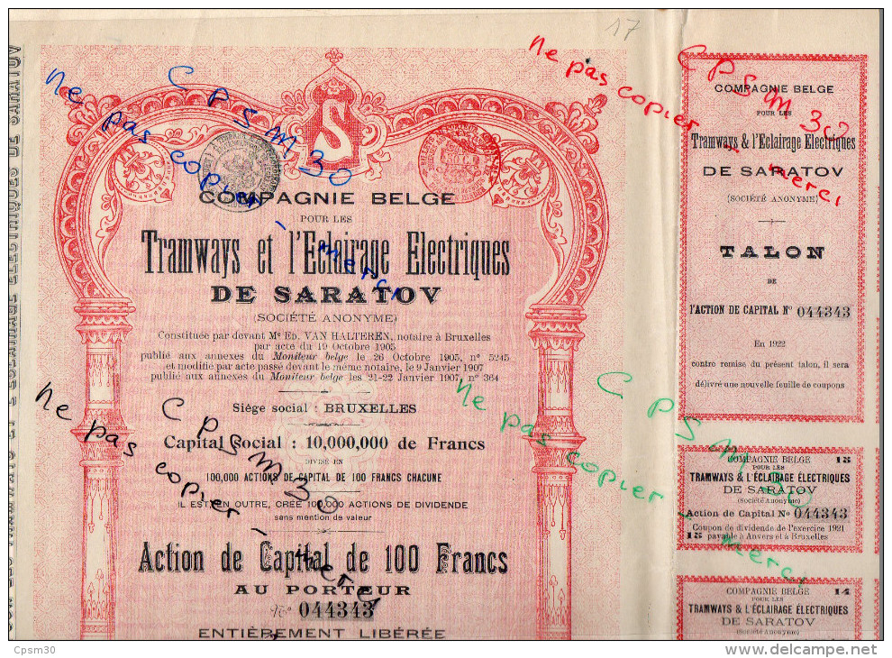 Action Capital 100 Fr - Tramways Et Eclairage De SARATOV Plus Tramways De Kiev - Deux Actions 1905  Et 1907 - Spoorwegen En Trams